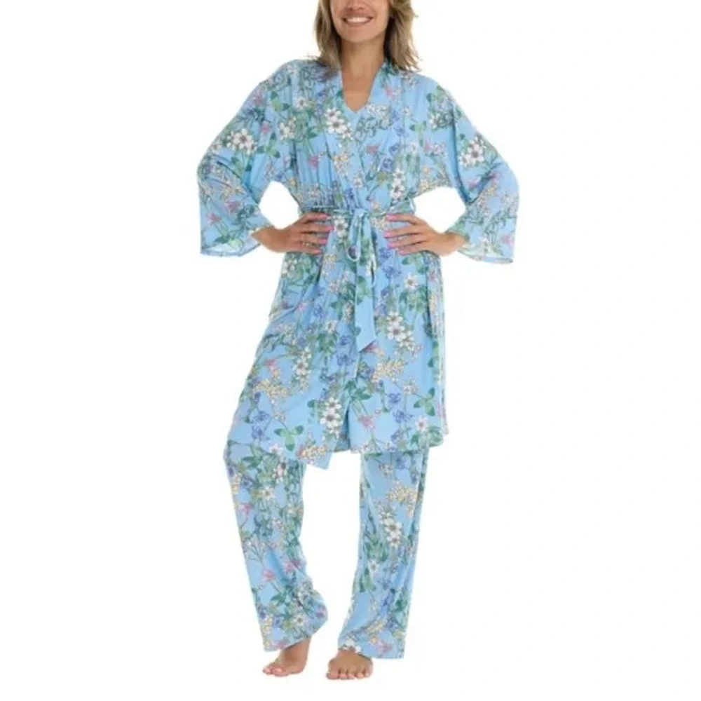Flora Nikrooz Womens 3-Piece Pajama Set Blue Floral Robe Tank Pants 2XL New